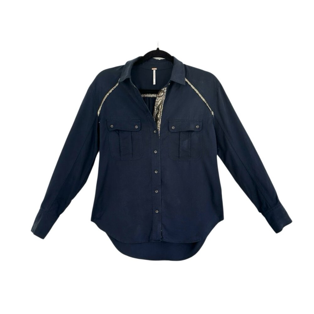 Free People Off Campus Navy Blue Metallic Button Down Shirt - Picture 2 of 8